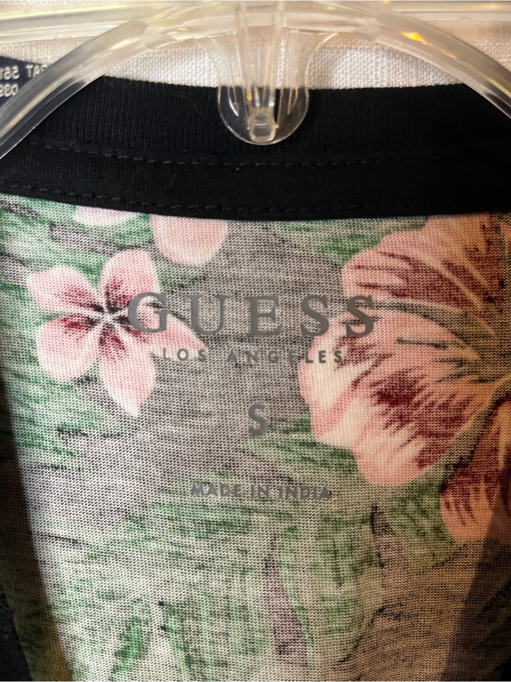 GUESS Black Tropical Floral Logo Tee with Pink & Red Blooms - Picture 4 of 5